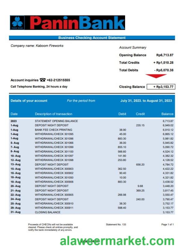 Panin Bank organization checking account statement Word and PDF template